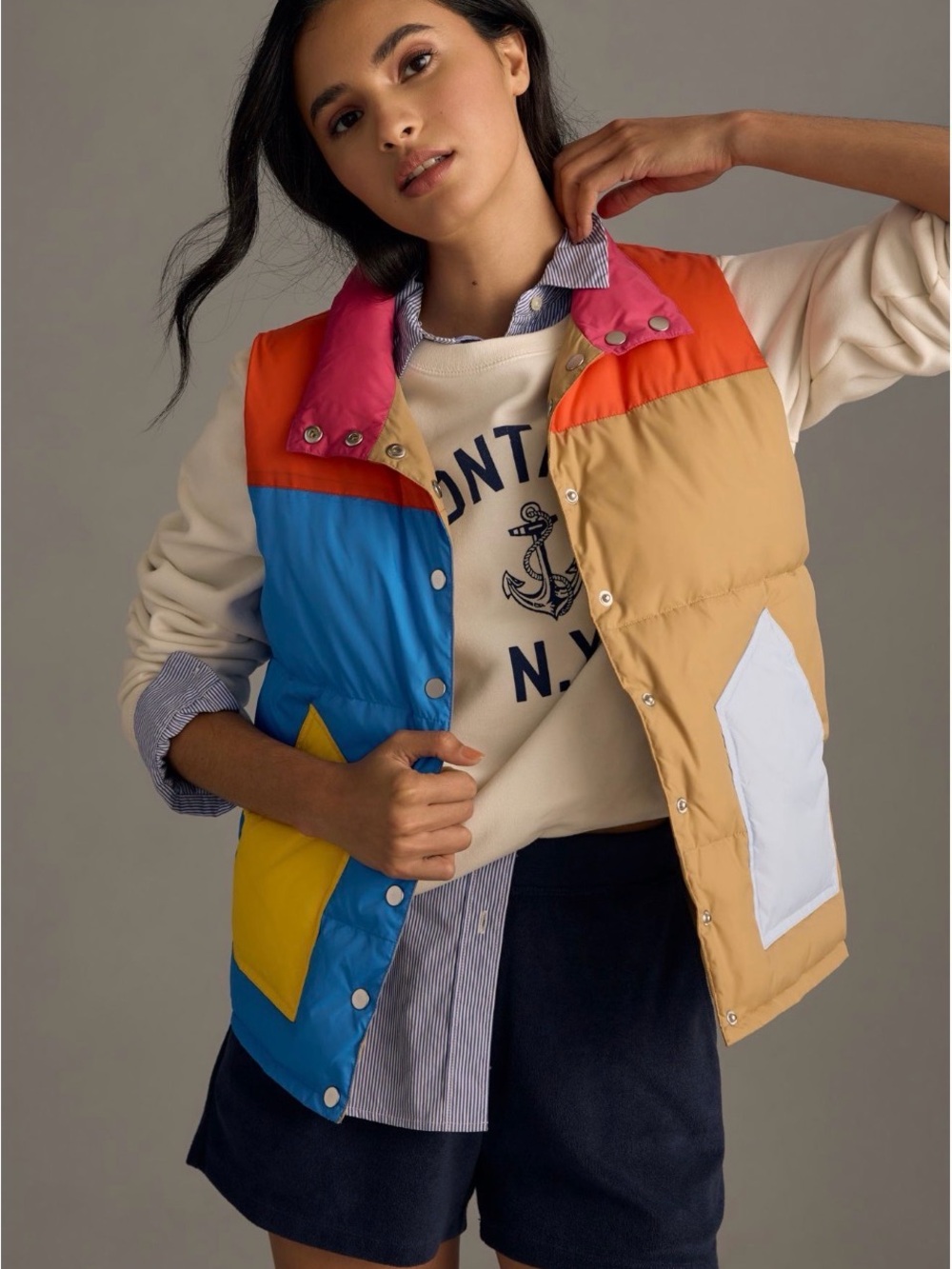 KULE Reversible Colorblock Puffer Vest — Pink, Orange, Blue, Yellow & Tan